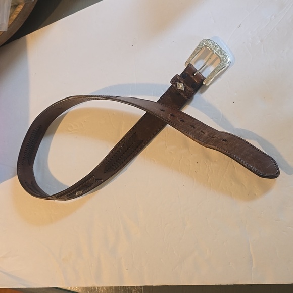 Mens Brown Premium Leather Woven Silver western and Silver Buckle Belt Sz.L/XL - Picture 6 of 15